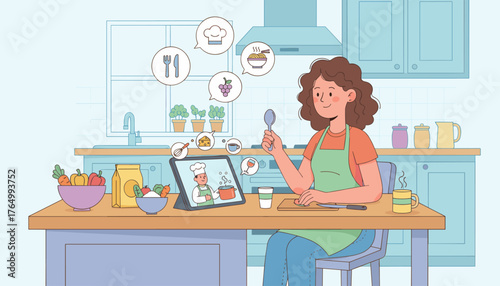 A woman in an apron watches an online cooking class on a tablet, learning to prepare a meal in a bright, modern kitchen, surrounded by fresh ingredients and kitchenware, symbolizing home cooking and