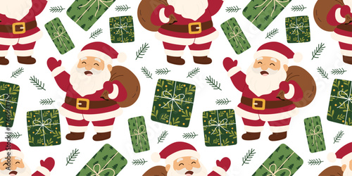 Christmas seamless pattern with Santa Claus and gift boxes. Festive design with cute Santa with sack of presents, green wrapped gifts with bows, and pine branches. Perfect for holiday wrapping paper.