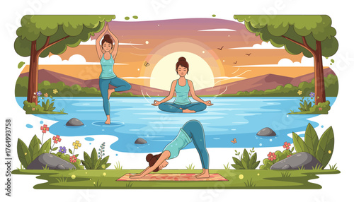 Serene woman practicing yoga poses and meditating by a tranquil lake at sunrise, surrounded by lush greenery, mountains, and a vibrant sky, embodying peace and wellness.