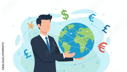 A businessman holds the Earth in his hands, symbolizing global economy and international finance, with currency symbols like dollar, euro, pound, and yen orbiting the planet, representing forex