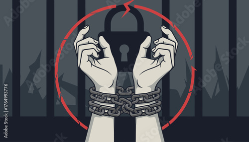 Symbolic illustration of a pair of hands bound by heavy metal chains, trapped behind prison bars, with a cracked red circle and a locked padlock overhead, representing imprisonment, restriction, and
