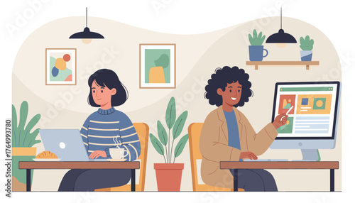 Two women working on laptops and computers in a cozy cafe setting, surrounded by plants and artwork, representing remote work, collaboration, and digital lifestyle in a modern, comfortable