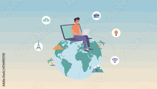 Concept of global remote work and digital nomadism, with a person using a laptop on top of the Earth, surrounded by icons representing travel destinations, business, ideas, cloud storage, and Wi-Fi