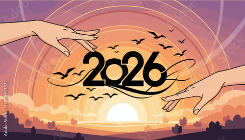 Two graceful female hands reaching towards the number 2026, symbolizing the arrival of the New Year, set against a vibrant sunset with silhouetted birds flying and stylized trees in the foreground