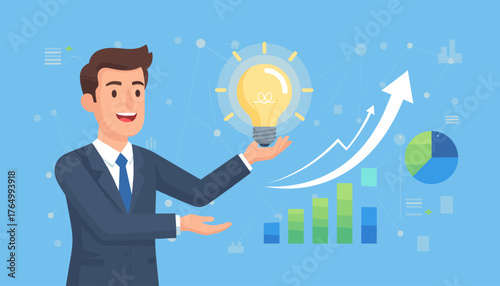 Smiling businessman in a suit holding a glowing light bulb, symbolizing innovation and creativity, with a background of upward trending graphs, pie charts, and network connections, representing