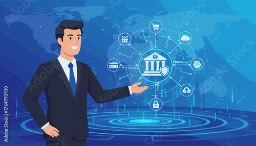 Smiling businessman in a suit presenting a digital network of financial icons, including a bank, credit card, shopping cart, cloud storage, brain, and lock, against a backdrop of a world map and