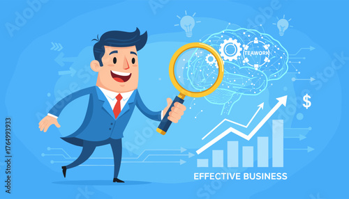 Dynamic businessman with magnifying glass examining a glowing brain network symbolizing teamwork and effective business strategies, with upward trending financial charts and dollar sign indicating