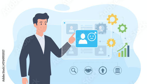 A professional businessman in a suit points to a digital screen displaying candidate profiles, highlighting a selected profile with a male icon and a smiley face, symbolizing recruitment and human