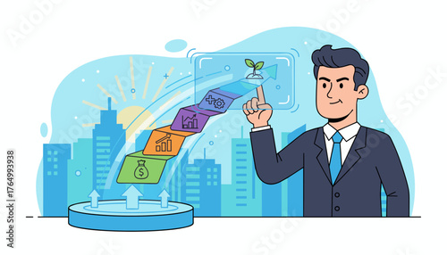 A determined businessman in a suit interacts with a futuristic holographic interface, pointing at a vibrant progress bar representing growth, investment, and development, set against a backdrop of a