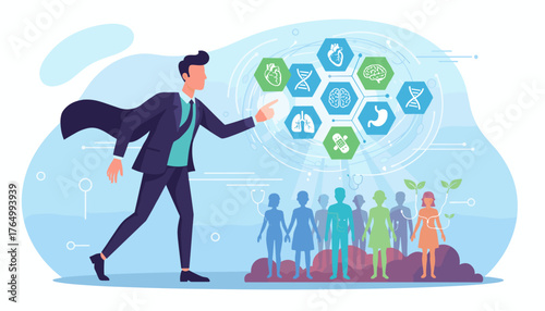 Dynamic businessman in a suit with a cape points to a futuristic holographic interface displaying interconnected medical icons representing DNA, lungs, brain, heart, and a stomach, symbolizing