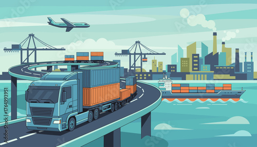 Vibrant flat vector illustration showcasing a modern global logistics network with cargo trucks, container ships, airplanes, and industrial factories, symbolizing international trade and supply chain
