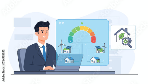 Businessman using a laptop with a virtual screen displaying an energy efficiency rating chart, renewable energy sources like solar panels and wind turbines powering houses, and a magnifying glass