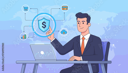 Businessman in suit interacting with digital interface showing financial security shield, shopping cart, credit card, cloud upload, and analytics graph, representing online banking and secure