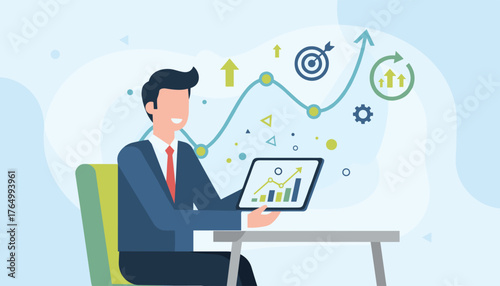 Smiling businessman in a suit sitting at a desk, holding a tablet displaying a bar and line graph, analyzing sales data with upward trending charts and icons representing goals and growth in a modern