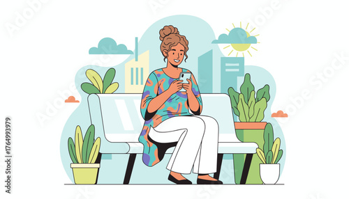 Cheerful multiethnic woman with her hair in a bun, wearing a colorful patterned top and white pants, sits on a park bench in a city park, happily messaging on her smartphone, surrounded by potted