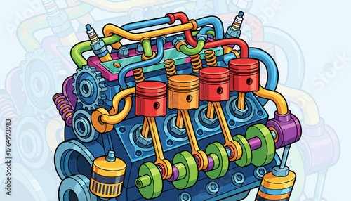 Detailed illustration of a colorful internal combustion engine, showcasing pistons, crankshaft, spark plugs, and various colorful tubes and components, presented in a vibrant, cartoonish style