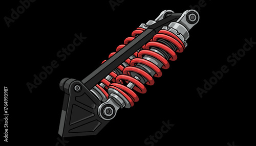 Close-up illustration of a pair of red motorcycle shock absorbers with silver and black metal components, isolated on a solid black background, showcasing intricate mechanical details and vibrant