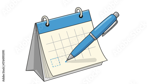 Close-up illustration of a blue ballpoint pen marking a square on a desk calendar page, symbolizing planning, scheduling, and task management with a clean, modern aesthetic against a white background.