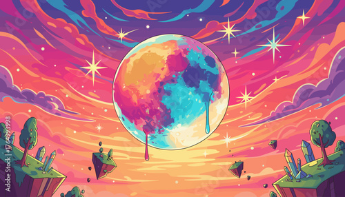 Vibrant and surreal full moon with abstract colorful patterns, dripping liquid, set against a breathtaking sky filled with swirling clouds and sparkling stars, with floating islands and crystals in