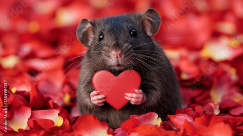 A sweet rat holding a red heart nestled amongst a bed of vibrant red rose petals.