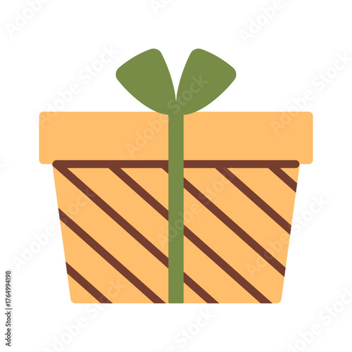 Vector illustration of a yellow gift box with brown diagonal stripes and a green ribbon and bow. Festive present icon for Christmas, celebration, birthday, cards, and modern seasonal design.