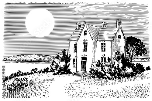 Moonlit house beside the water in a peaceful landscape at dusk