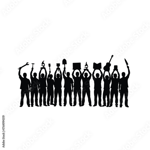 Group of people holding up various objects silhouette