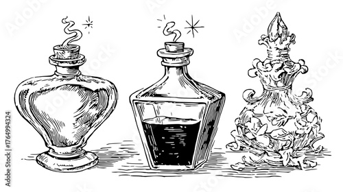 Intricate linocut design showcasing vintage apothecary bottles with swirling smoke and ornate details