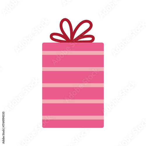 Vector illustration of a pink gift box with horizontal pink stripes and a dark pink ribbon and bow. Modern festive present icon for birthday, celebration, holiday cards, and cheerful seasonal design.