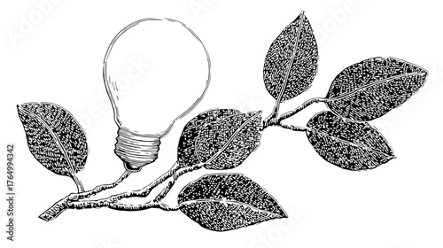 Creative linocut design featuring a light bulb among leafy branches showcasing nature-inspired innovation