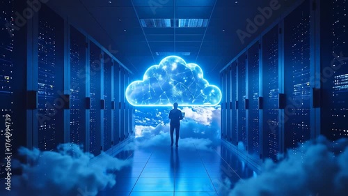 A man stands in a server room, facing a cloud-shaped portal filled with light, surrounded by servers and clouds.