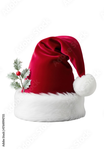 Luxurious crimson velvet Santa hat with thick white faux fur trim and pom-pom, and a frosted holly sprig, isolated on a clean transparent background, concept of festive luxury elegance