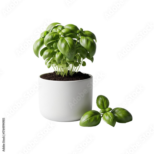 Vibrant basil plant with deep green leaves in matte white pot, fresh detached leaves, water droplet, clean transparent background. Concept of premium product