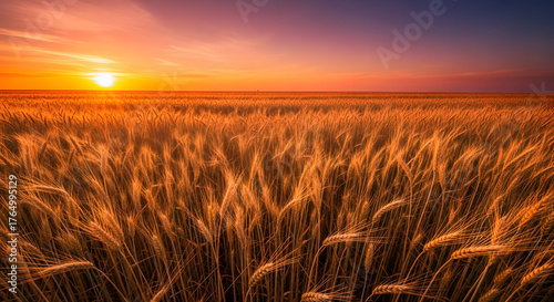 Golden hour glow over a sprawling wheat field, bathed in the warm, rich colors of a spectacular sunset, highlighting the beauty of nature's bounty and agricultural landscapes