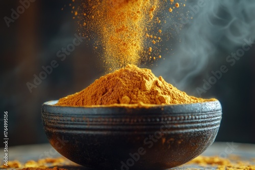 Fototapeta Naklejka Na Ścianę i Meble -  Turmeric is poured into bowl. The spice is yellow. Spicy curries