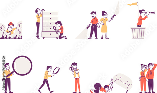 Vector flat illustration set of people looking for something in different ways.