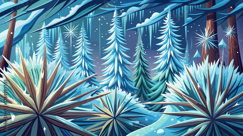 Very beautiful macro shot of frozen forest details, tiny ice crystals sparkling on pine needles creating a delicate pattern of winter’s artistic touch.