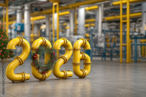 Large diagonal 2026 numerals constructed from gas pipes and adorned with fir sprigs stand prominently against a softly blurred modern boiler room background, for energy sector New Year 