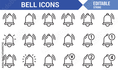 Bell Outline Icons — Editable Stroke Vector Illustrations for Alerts and Reminders