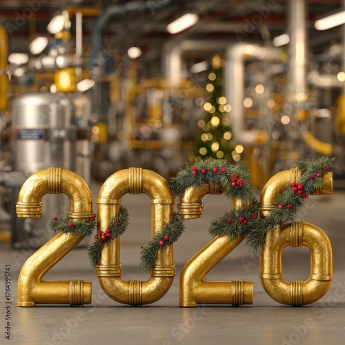 Large diagonal 2026 numerals constructed from gas pipes and decorated with fir sprigs create a striking square composition against a blurred modern boiler room backdrop