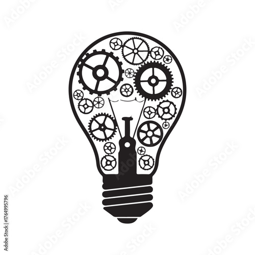 Black Silhouette Light Bulb Filled with Diverse Cogwheels Vector Illustration