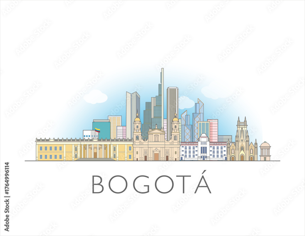 Naklejka premium Bogota, Colombia, cityscape illustration skyline drawing in colour