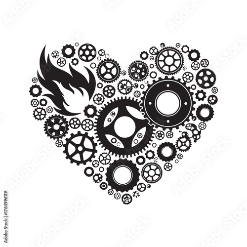 Mechanical Heart Design with Interlocking Gears and Burning Flame Icon