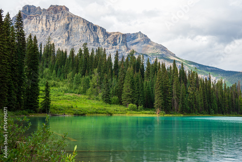 Fototapeta Naklejka Na Ścianę i Meble -  Scenic mountain lake surrounded by evergreen trees and a rocky mountain.
