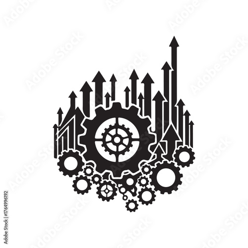 Black and White Gears with Upward Arrows Progress Concept Vector Illustration