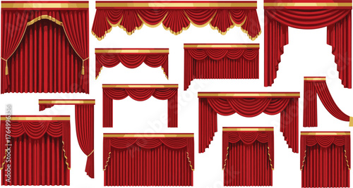 Curtain, Stage, Red, Gold, Tassel, Theater, Drapes, Closed, Open, Swag, Valance, Collection, Design, Fabric, Classic, Elegant, Performance, Backdrop, Illustration, Decorative, Style