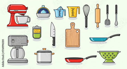 Colorful kitchenware and cooking utensils arranged on a light background illustration