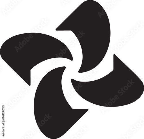 Dynamic black pinwheel icon symbolizing rotation movement energy and creative progress abstract propeller shape transparent background