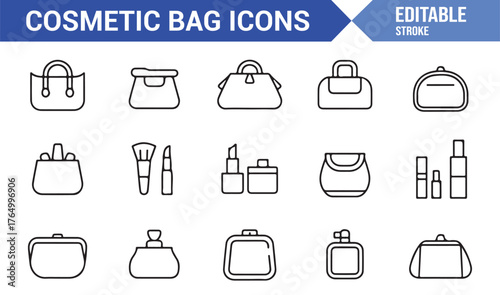 Editable Line Art Vector Icons — Cosmetic Bags, Lipsticks, Brushes, and Beauty Essentials