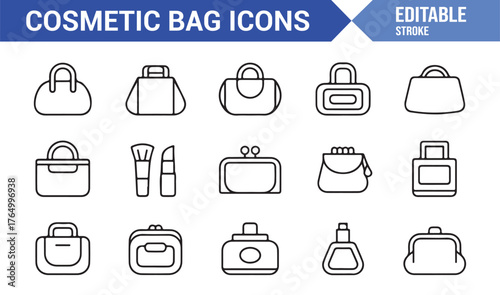Outline Cosmetic Bag Icons — Editable Stroke Vector Set for Skincare and Beauty Design